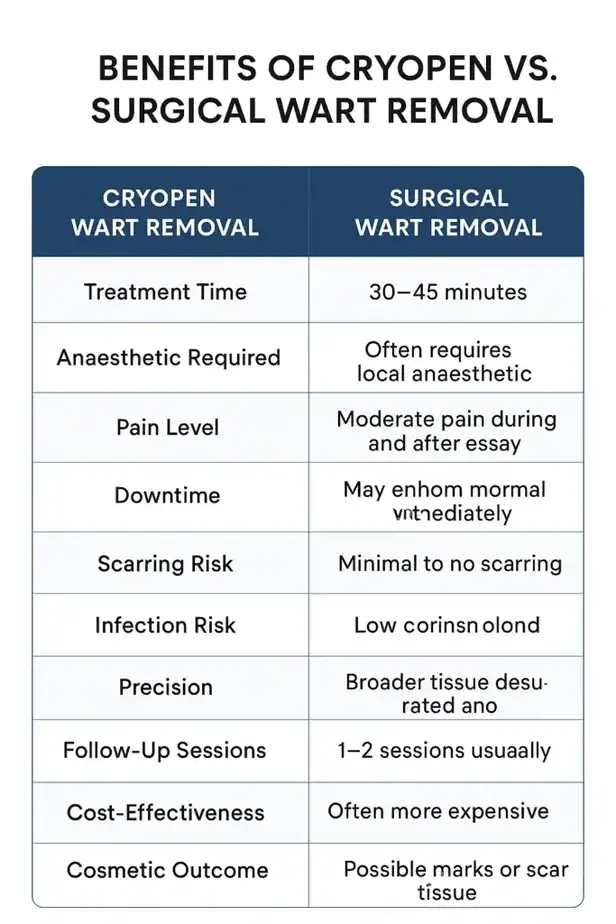 Table showing the benefits of cryopen to remove warts Sidcup compared to surgical treatment
